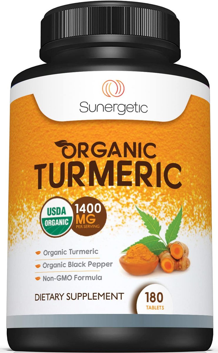 Sunergetic Bio-zertifiziertes Kurkuma-Präparat mit Bio-Schwarzem Pfeffer – 1.400 mg Kurkuma pro Portion – 180 Kapseln