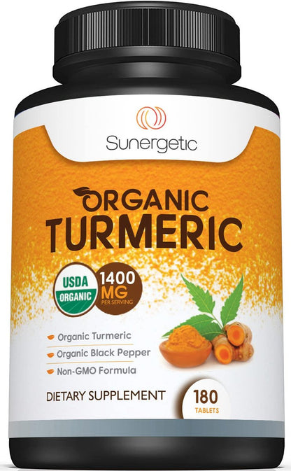 Sunergetic Bio-zertifiziertes Kurkuma-Präparat mit Bio-Schwarzem Pfeffer – 1.400 mg Kurkuma pro Portion – 180 Kapseln