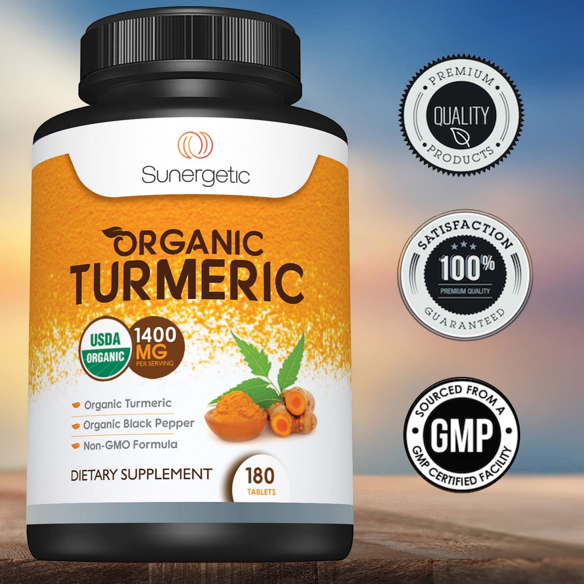 Sunergetic Bio-zertifiziertes Kurkuma-Präparat mit Bio-Schwarzem Pfeffer – 1.400 mg Kurkuma pro Portion – 180 Kapseln