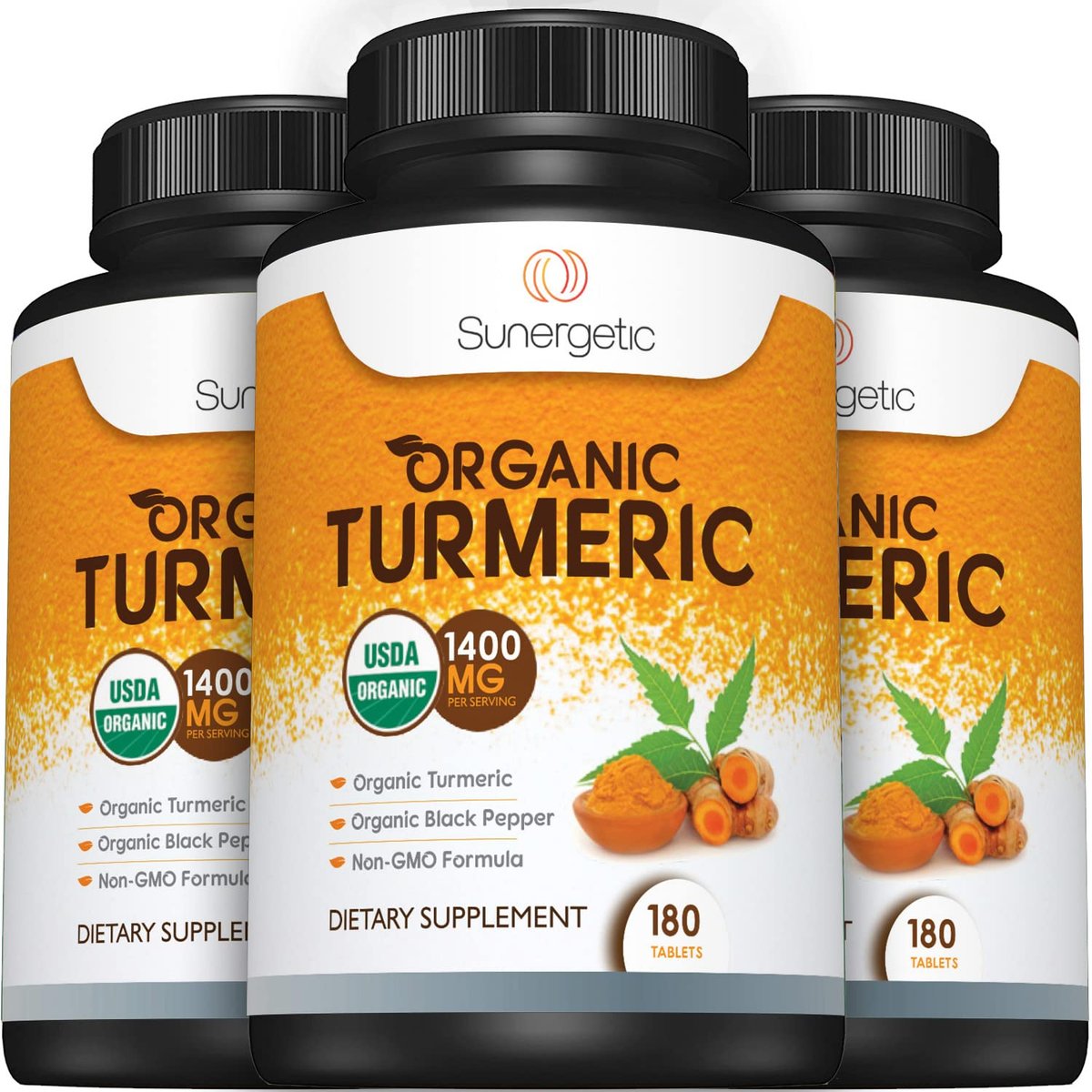 Sunergetic Bio-zertifiziertes Kurkuma-Präparat mit Bio-Schwarzem Pfeffer – 1.400 mg Kurkuma pro Portion – 180 Kapseln