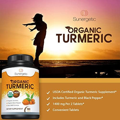 Sunergetic Bio-zertifiziertes Kurkuma-Präparat mit Bio-Schwarzem Pfeffer – 1.400 mg Kurkuma pro Portion – 180 Kapseln