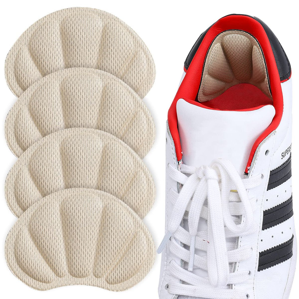 Huethy Fersenpolster-Einlagen, Mesh-Griffpolster für Stiefel, zu große Schuhe, wiederverwendbare selbstklebende Fersenschoner für Damen und Herren, 4 Stück Beige