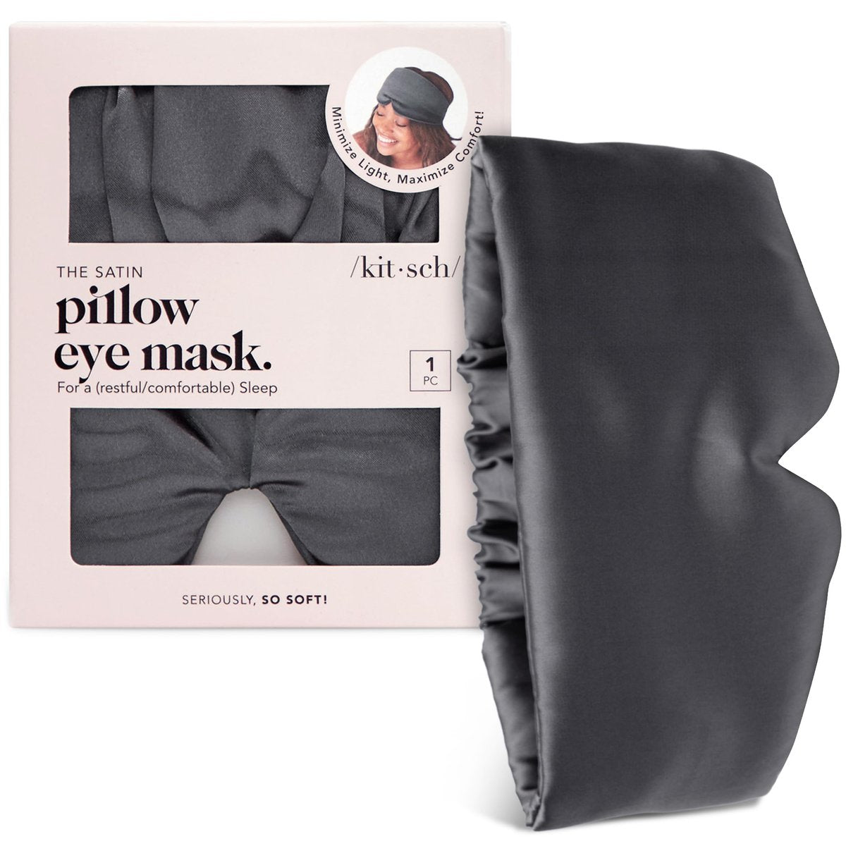 Kitsch Satin Schlafmaske - Augenmaske für erholsamen Schlaf, weicher als Seide, Schlafmaske für Damen und Herren, Reiseessentials - Kohleschwarz