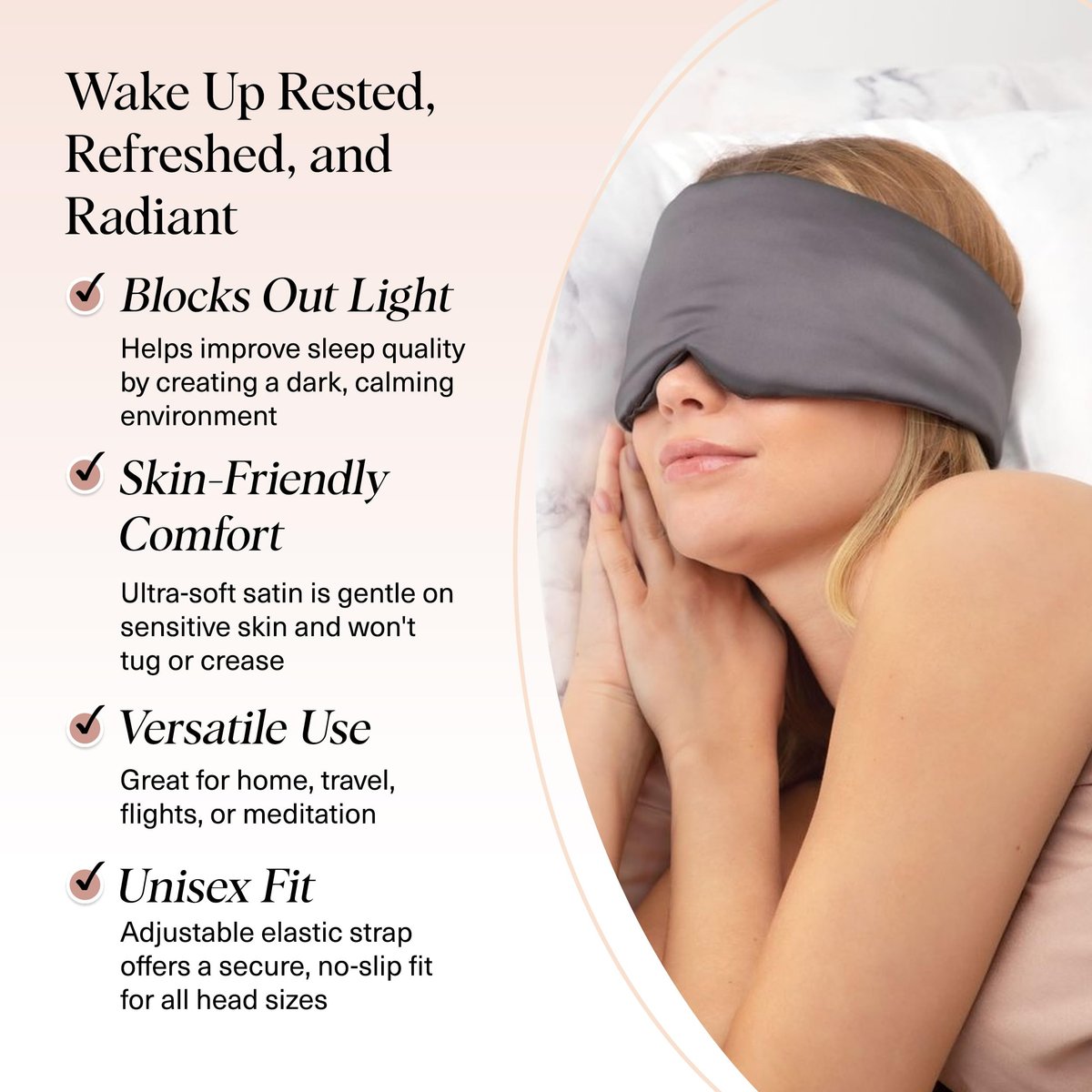 Kitsch Satin Schlafmaske - Augenmaske für erholsamen Schlaf, weicher als Seide, Schlafmaske für Damen und Herren, Reiseessentials - Kohleschwarz