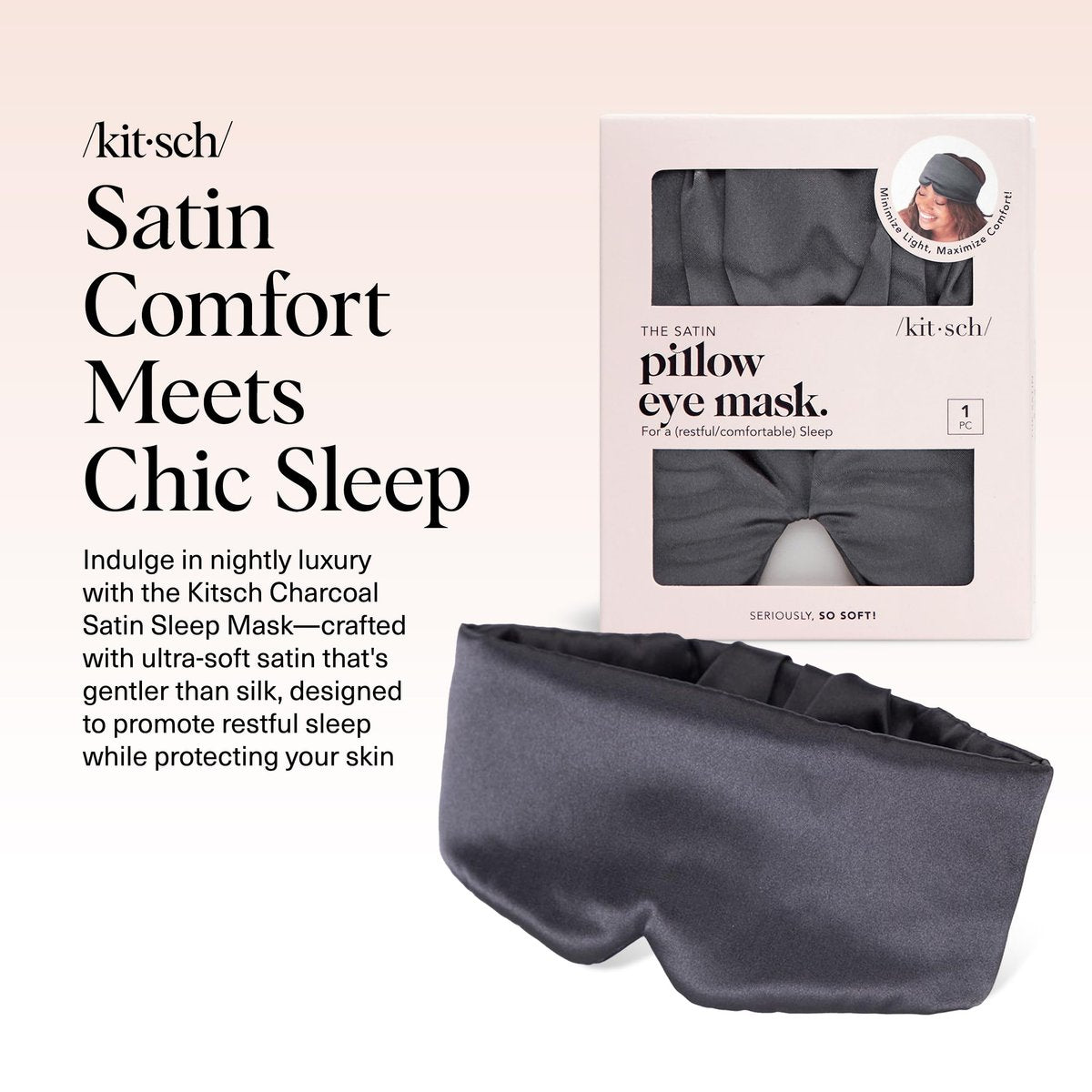 Kitsch Satin Schlafmaske - Augenmaske für erholsamen Schlaf, weicher als Seide, Schlafmaske für Damen und Herren, Reiseessentials - Kohleschwarz