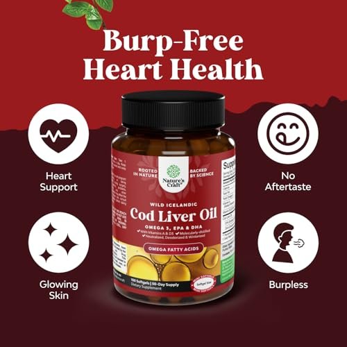 Isländisches Wildfang-Dorschleberöl Softgels – Omega-3-Fischöl mit EPA, DHA, Vitamin D & A, 1000 mg pro Portion – Burpless Kapseln für Herz-, Gelenk-, Gehirn- und Immununterstützung – 100 Stück