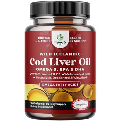 Isländisches Wildfang-Dorschleberöl Softgels – Omega-3-Fischöl mit EPA, DHA, Vitamin D & A, 1000 mg pro Portion – Burpless Kapseln für Herz-, Gelenk-, Gehirn- und Immununterstützung – 100 Stück