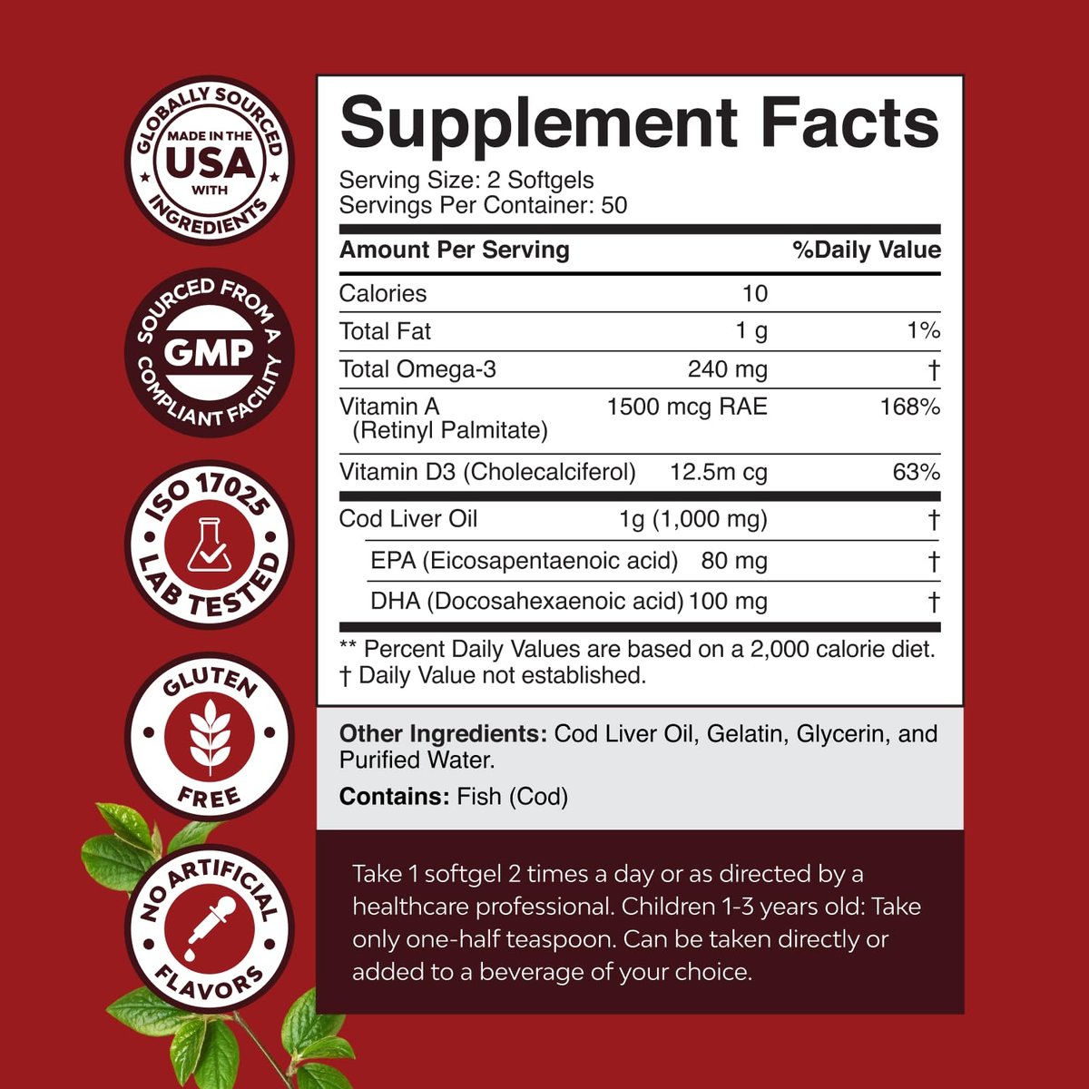 Isländisches Wildfang-Dorschleberöl Softgels – Omega-3-Fischöl mit EPA, DHA, Vitamin D & A, 1000 mg pro Portion – Burpless Kapseln für Herz-, Gelenk-, Gehirn- und Immununterstützung – 100 Stück