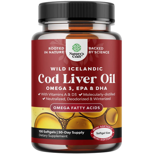 Isländisches Wildfang-Dorschleberöl Softgels – Omega-3-Fischöl mit EPA, DHA, Vitamin D & A, 1000 mg pro Portion – Burpless Kapseln für Herz-, Gelenk-, Gehirn- und Immununterstützung – 100 Stück