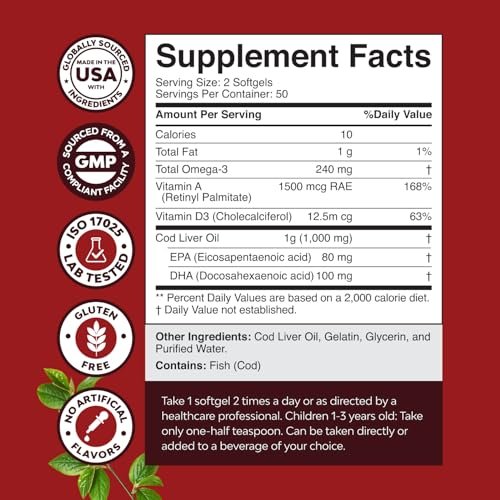 Isländisches Wildfang-Dorschleberöl Softgels – Omega-3-Fischöl mit EPA, DHA, Vitamin D & A, 1000 mg pro Portion – Burpless Kapseln für Herz-, Gelenk-, Gehirn- und Immununterstützung – 100 Stück