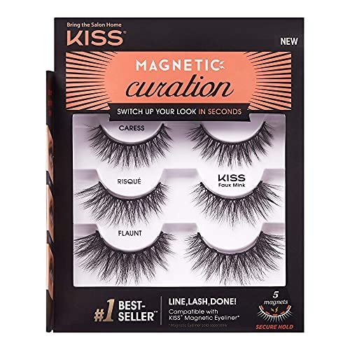 KISS Magnetic Curation False Eyelashes, 3 Paar mit 5 doppelstarken Magneten, windresistent, dermatologisch getestet, bis zu 16 Stunden Halt, bis zu 15 Mal wiederverwendbar, 3 Stile, Schwarz, 3er-Pack