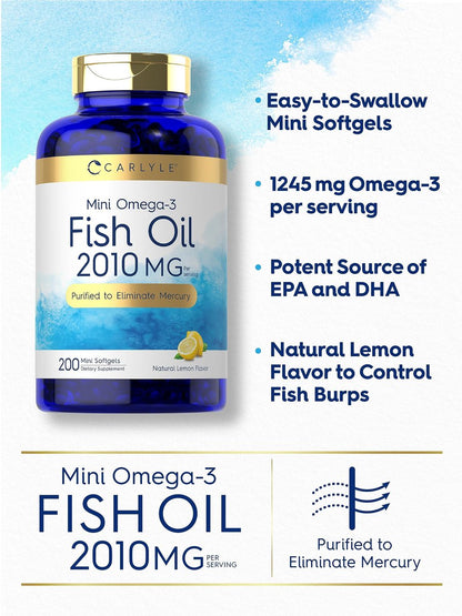 Carlyle Mini Fischöl Weichkapseln | 2010 mg | 200 Omega-3 Kapseln | mit EPA & DHA | Non-GMO & Glutenfrei