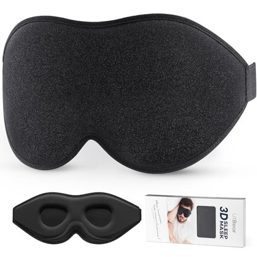 LitBear Schlafmaske für Seiten- und Rückenschläfer – 3D Konturierte Augenmaske mit Lichtblockierung, Atmungsaktive Schlafmaske mit Verstellbarem Riemen für Reisen, Schwarz