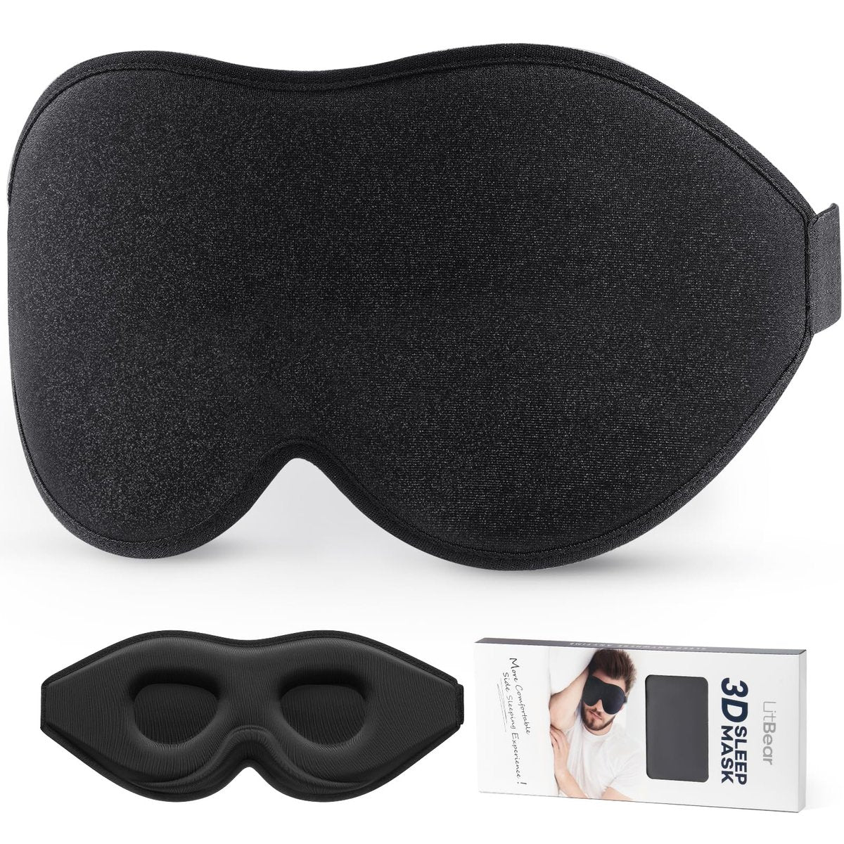 LitBear Schlafmaske für Seiten- und Rückenschläfer – 3D Konturierte Augenmaske mit Lichtblockierung, Atmungsaktive Schlafmaske mit Verstellbarem Riemen für Reisen, Schwarz
