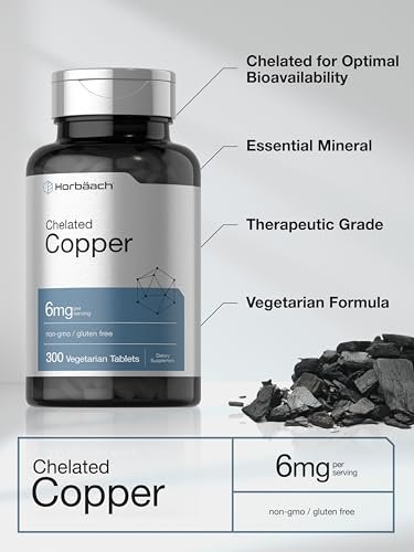 Horbäach Chelated Kupfer Ergänzung 6mg | 300 Tabletten | Essentielles Spurenelement | Vegetarisch, Nicht-GVO, Glutenfrei