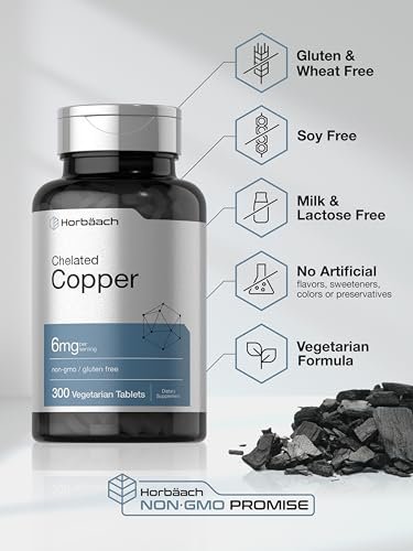 Horbäach Chelated Kupfer Ergänzung 6mg | 300 Tabletten | Essentielles Spurenelement | Vegetarisch, Nicht-GVO, Glutenfrei