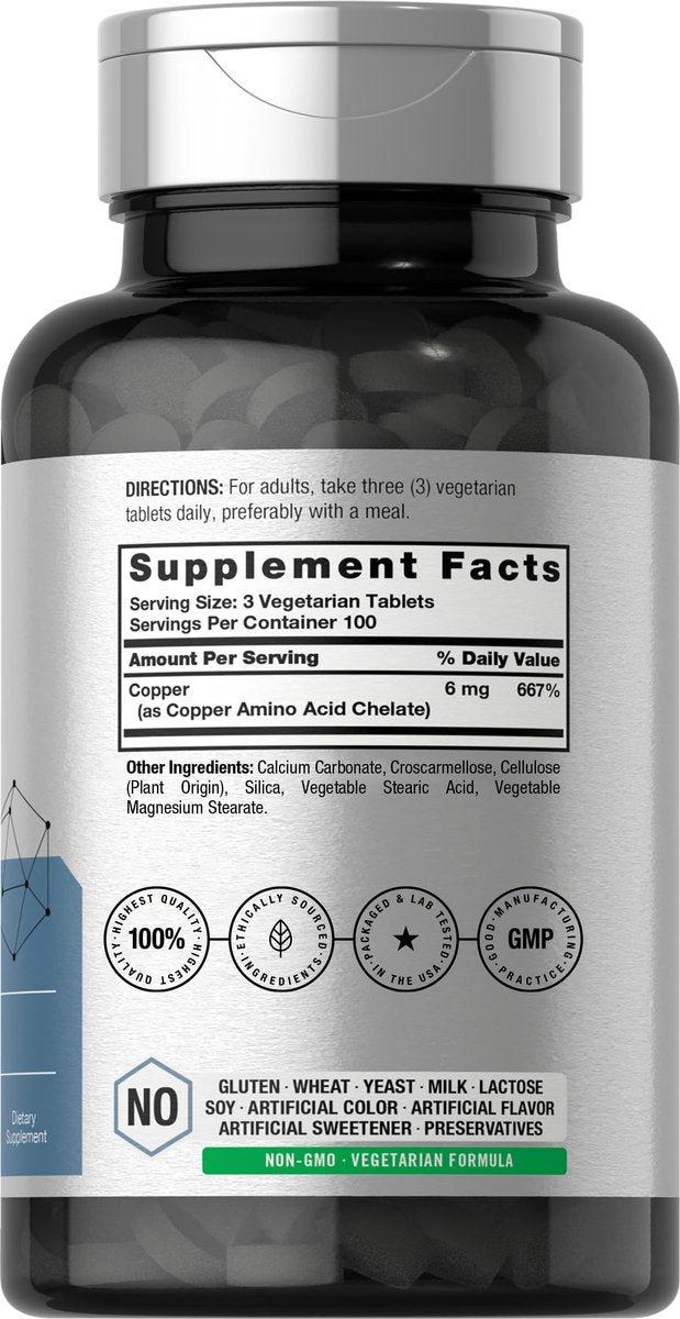 Horbäach Chelated Kupfer Ergänzung 6mg | 300 Tabletten | Essentielles Spurenelement | Vegetarisch, Nicht-GVO, Glutenfrei