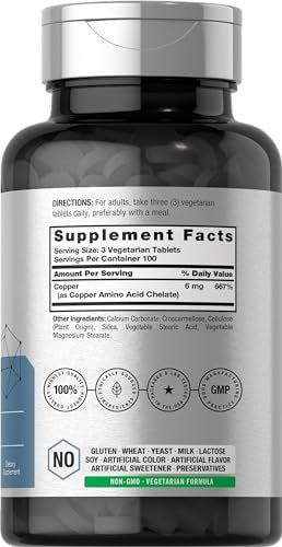 Horbäach Chelated Kupfer Ergänzung 6mg | 300 Tabletten | Essentielles Spurenelement | Vegetarisch, Nicht-GVO, Glutenfrei
