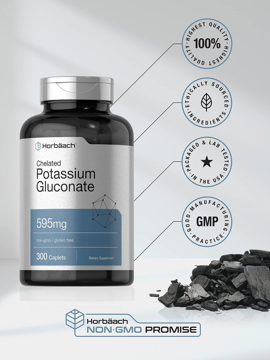 Horbäach Chelat-Kaliumgluconat Supplement | 595 mg | 300 Kapseln | Vegetarisch, Nicht-GVO, Glutenfrei
