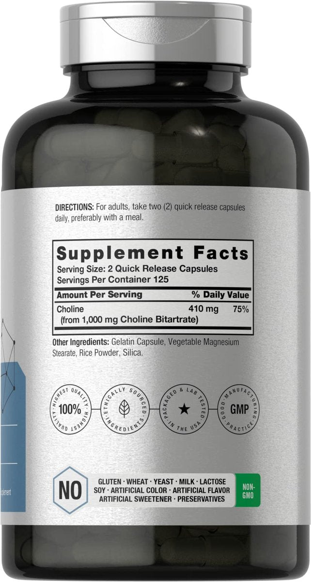 Horbaach Cholinbitartrat Kapseln 1000 mg | 250 Kapseln | Hochdosiert | Non-GMO, Glutenfrei