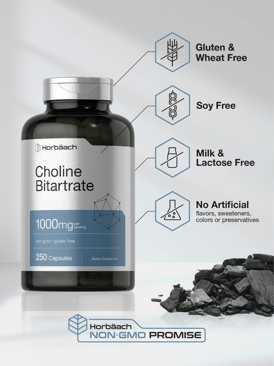 Horbaach Cholinbitartrat Kapseln 1000 mg | 250 Kapseln | Hochdosiert | Non-GMO, Glutenfrei