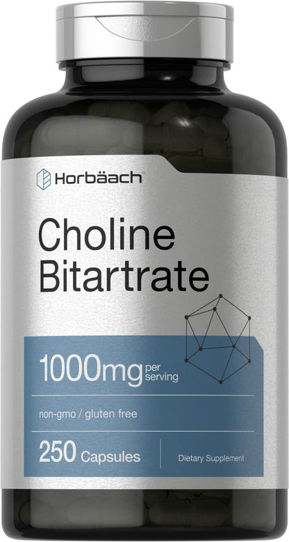 Horbaach Cholinbitartrat Kapseln 1000 mg | 250 Kapseln | Hochdosiert | Non-GMO, Glutenfrei