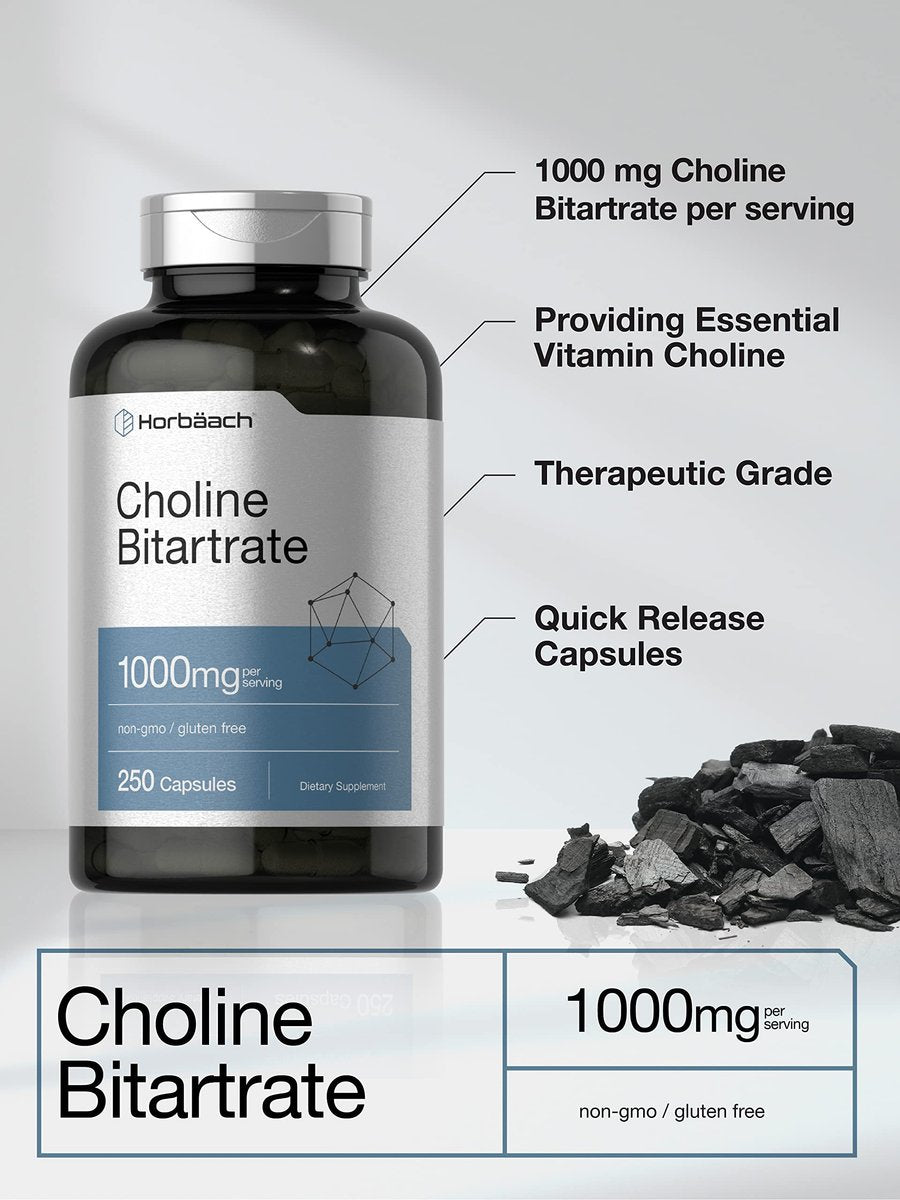 Horbaach Cholinbitartrat Kapseln 1000 mg | 250 Kapseln | Hochdosiert | Non-GMO, Glutenfrei