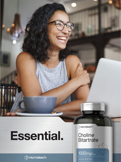 Horbaach Cholinbitartrat Kapseln 1000 mg | 250 Kapseln | Hochdosiert | Non-GMO, Glutenfrei