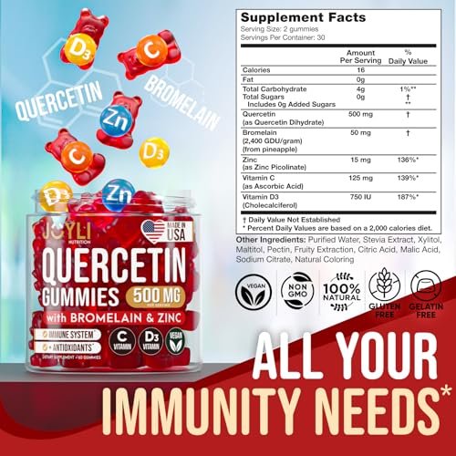 JOYLI Quercetin Gummis – Quercetin mit Bromelain, Zink, Vitamin C & D3 – 500 mg Immunsystem & Allergien – für Kinder & Erwachsene – 60 Stück