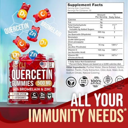 JOYLI Quercetin Gummis – Quercetin mit Bromelain, Zink, Vitamin C & D3 – 500 mg Immunsystem & Allergien – für Kinder & Erwachsene – 60 Stück