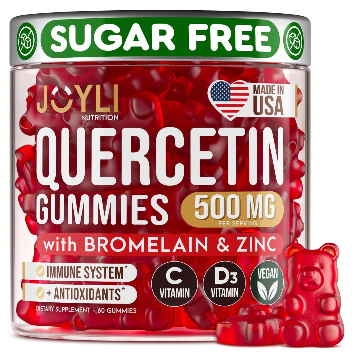 JOYLI Quercetin Gummis – Quercetin mit Bromelain, Zink, Vitamin C & D3 – 500 mg Immunsystem & Allergien – für Kinder & Erwachsene – 60 Stück