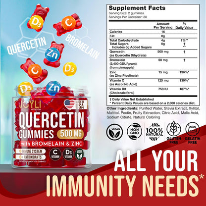 JOYLI Quercetin Gummis – Quercetin mit Bromelain, Zink, Vitamin C & D3 – 500 mg Immunsystem & Allergien – für Kinder & Erwachsene – 60 Stück