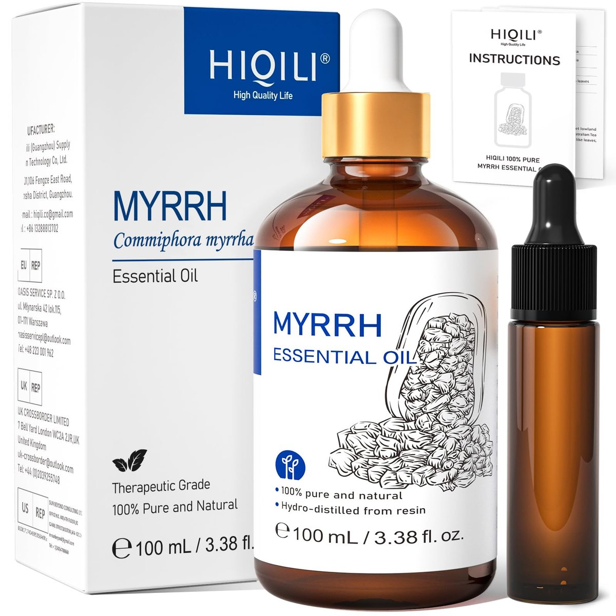 HIQILI 100ml Myrrhe Ätherisches Öl für Haut, Diffuser & Kerzen, 100% Rein und Natürlich - 3,38 Fl Oz