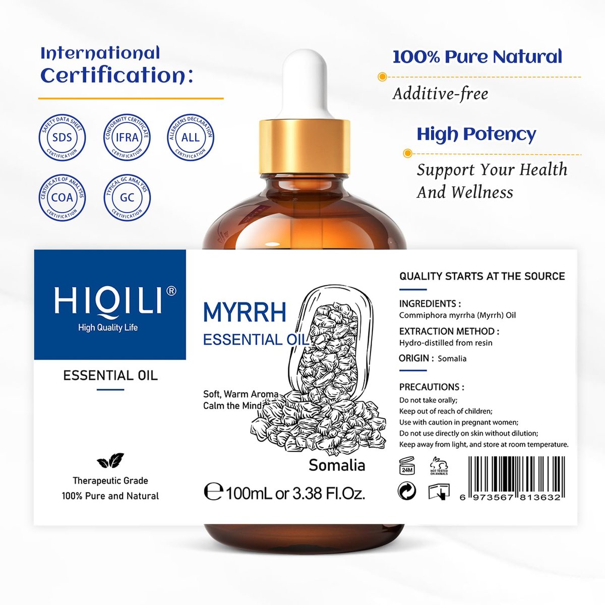 HIQILI 100ml Myrrhe Ätherisches Öl für Haut, Diffuser & Kerzen, 100% Rein und Natürlich - 3,38 Fl Oz