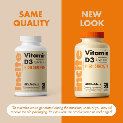 Incite Nutrition Vitamin D 5000 IE – 400 Premium Vitamin D3 Mikrotabletten zum Schlucken – Hochdosiertes Cholecalciferol VIT D3 5000 IE – Vegetarisches Nahrungsergänzungsmittel – Hergestellt in Großbritannien