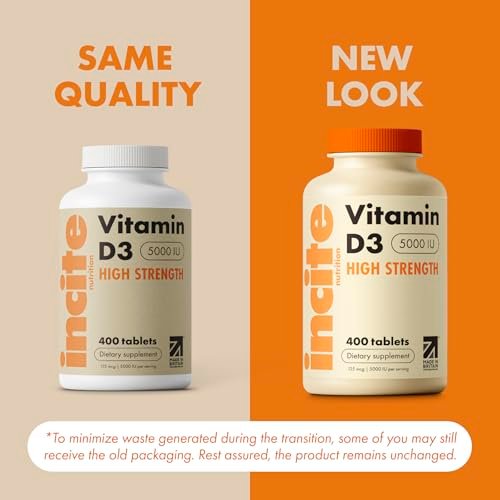 Incite Nutrition Vitamin D 5000 IE – 400 Premium Vitamin D3 Mikrotabletten zum Schlucken – Hochdosiertes Cholecalciferol VIT D3 5000 IE – Vegetarisches Nahrungsergänzungsmittel – Hergestellt in Großbritannien