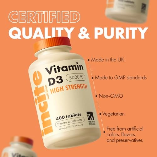 Incite Nutrition Vitamin D 5000 IE – 400 Premium Vitamin D3 Mikrotabletten zum Schlucken – Hochdosiertes Cholecalciferol VIT D3 5000 IE – Vegetarisches Nahrungsergänzungsmittel – Hergestellt in Großbritannien