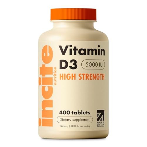 Incite Nutrition Vitamin D 5000 IE – 400 Premium Vitamin D3 Mikrotabletten zum Schlucken – Hochdosiertes Cholecalciferol VIT D3 5000 IE – Vegetarisches Nahrungsergänzungsmittel – Hergestellt in Großbritannien