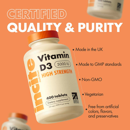 Incite Nutrition Vitamin D 5000 IE – 400 Premium Vitamin D3 Mikrotabletten zum Schlucken – Hochdosiertes Cholecalciferol VIT D3 5000 IE – Vegetarisches Nahrungsergänzungsmittel – Hergestellt in Großbritannien