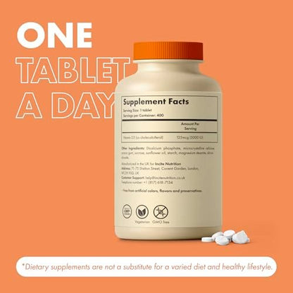 Incite Nutrition Vitamin D 5000 IE – 400 Premium Vitamin D3 Mikrotabletten zum Schlucken – Hochdosiertes Cholecalciferol VIT D3 5000 IE – Vegetarisches Nahrungsergänzungsmittel – Hergestellt in Großbritannien