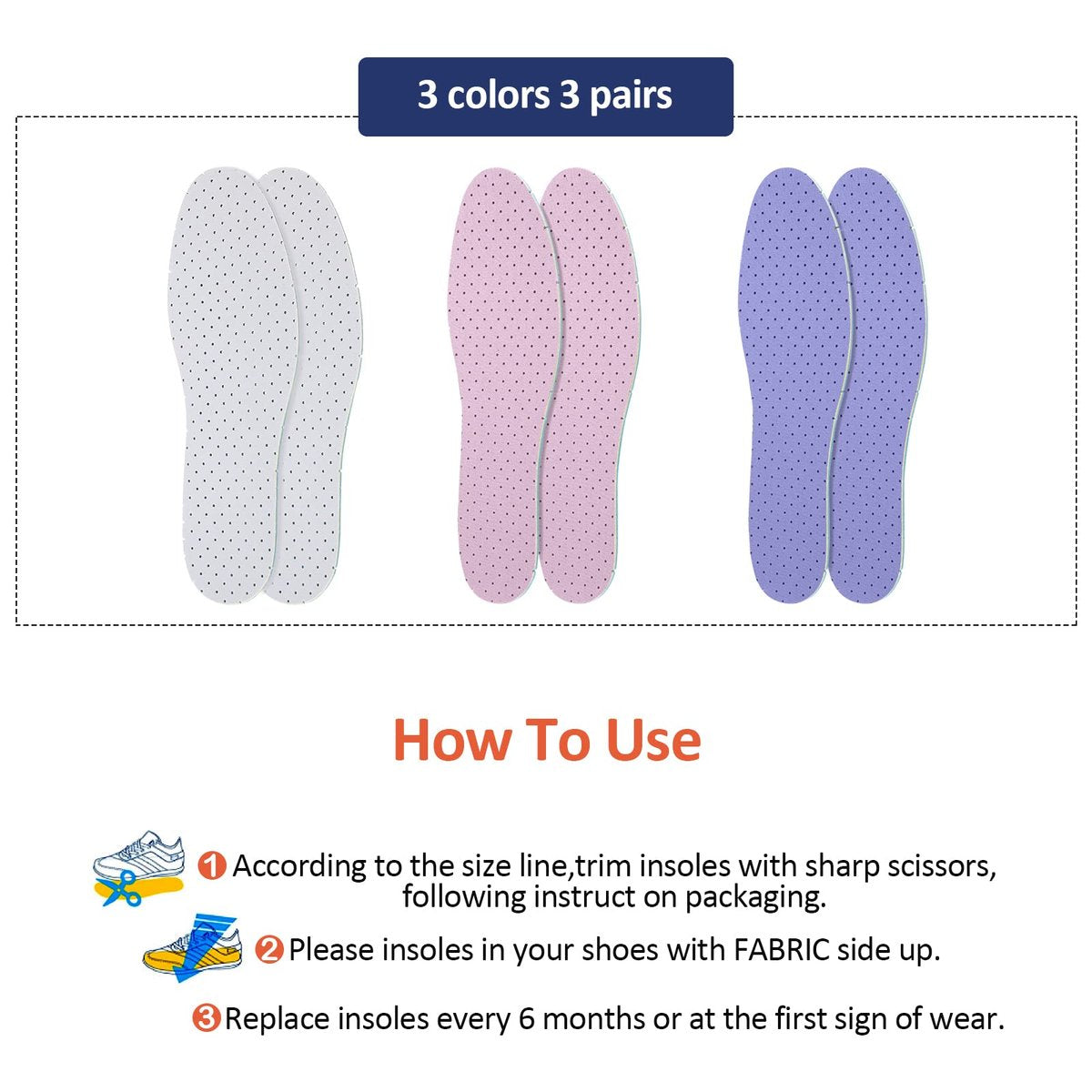Sintege 3 Paar Atmungsaktive Einlegesohlen, Doppellagige Latexschaum-Gel-Einlagen mit Perforation, Komfortable Ersatzsohlen für Herren 7-11 und Damen 2-8 (Weiß, Pink, Lila)