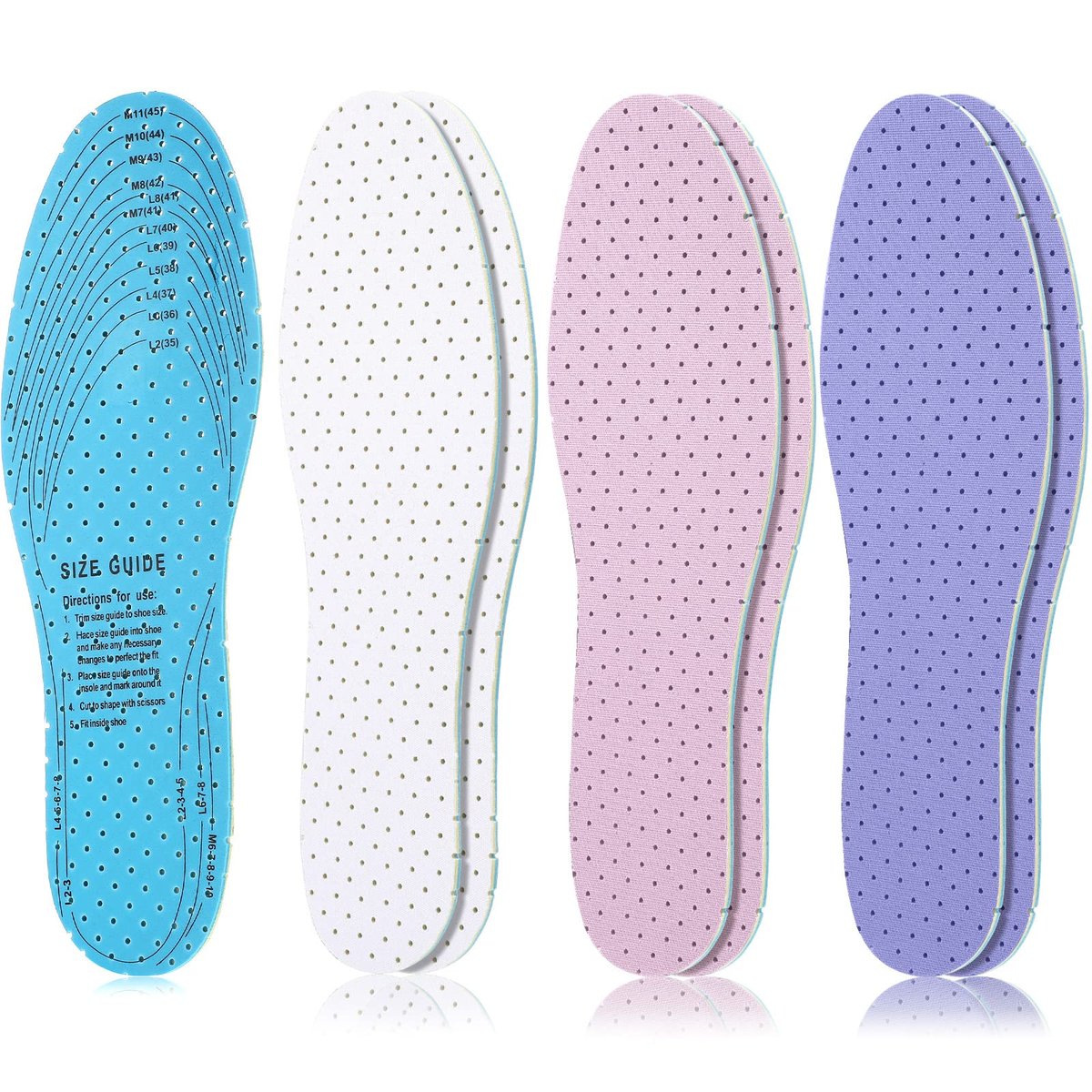 Sintege 3 Paar Atmungsaktive Einlegesohlen, Doppellagige Latexschaum-Gel-Einlagen mit Perforation, Komfortable Ersatzsohlen für Herren 7-11 und Damen 2-8 (Weiß, Pink, Lila)
