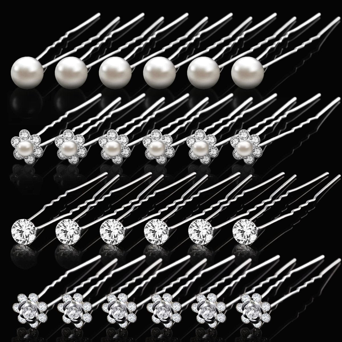 MTLEE 40er Set Strass-Haarnadeln für Damen – Silberne Blumen-Perlen-Haarnadeln, dekorative U-Form-Diamant-Haarschmuck für Bräute, Brautjungfern und Hochzeitsgäste