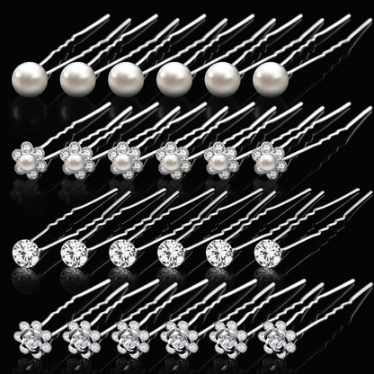 MTLEE 40er Set Strass-Haarnadeln für Damen – Silberne Blumen-Perlen-Haarnadeln, dekorative U-Form-Diamant-Haarschmuck für Bräute, Brautjungfern und Hochzeitsgäste