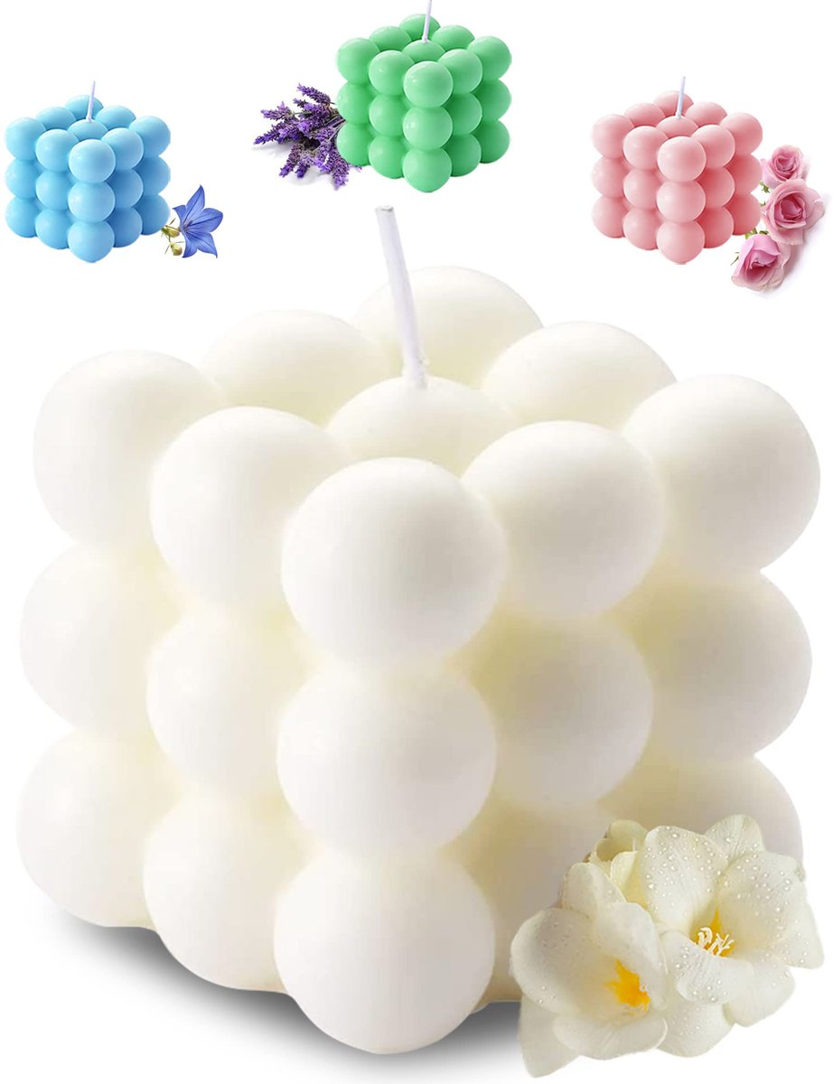 Aokala Duftender Bubble Cube Kerze für Zuhause, Duftkerze, 5,4 oz Sojawachs Aromatherapie-Kerze, Ästhetische Raumdekoration, Süße Dänische Pastell Große Dekorative Formkerzen Geschenke - Freesie (Weiß)