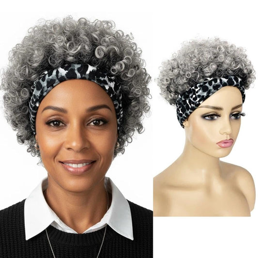 Allyreetress Afro Locken Perücke mit Stirnband für schwarze Frauen – Synthetische Kinky Puff Perücke, Drawstring Headwrap Frisuren