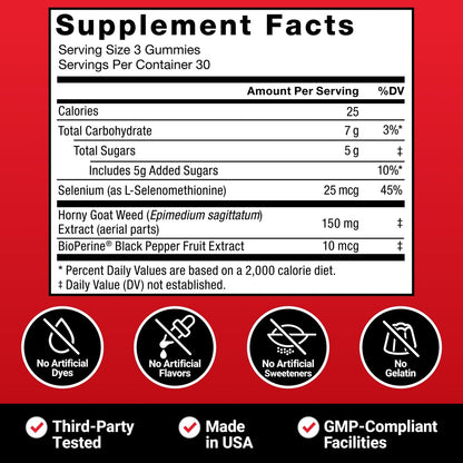 Force Factor Horny Goat Weed Gummis für Männer – Unterstützung für Antrieb, Vitalität und Leistung mit BioPerine für verbesserte Aufnahme, Epimedium-Extrakt, Passionsbeere, 90 Gummis