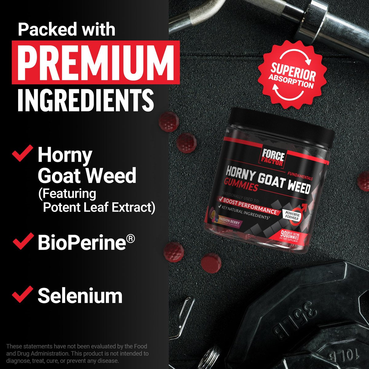 Force Factor Horny Goat Weed Gummis für Männer – Unterstützung für Antrieb, Vitalität und Leistung mit BioPerine für verbesserte Aufnahme, Epimedium-Extrakt, Passionsbeere, 90 Gummis