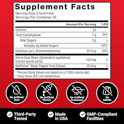 Force Factor Horny Goat Weed Gummis für Männer – Unterstützung für Antrieb, Vitalität und Leistung mit BioPerine für verbesserte Aufnahme, Epimedium-Extrakt, Passionsbeere, 90 Gummis