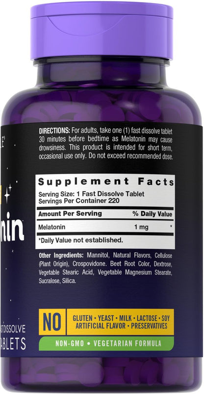 Carlyle Melatonin 1 mg | 220 schnell lösliche Tabletten | Niedrige Dosis | Vegetarisch, Nicht-GVO, Glutenfrei